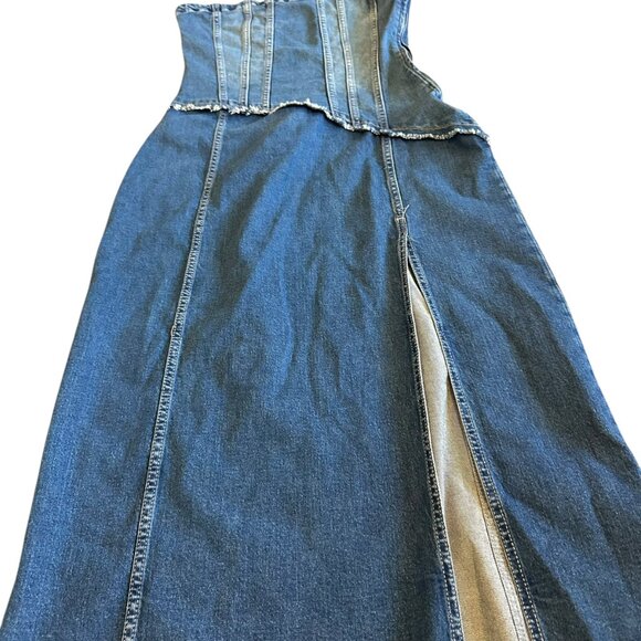 Zara Strapless Denim Dress Midi Length High Slit Rare Stretch Size Large Women's - Picture 5 of 12